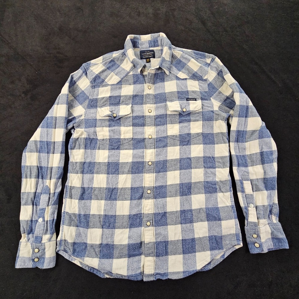 Lucky Brand Saturday Stretch Blue Check Long Sleeve Snap-Up Flannel Shirt Mens M